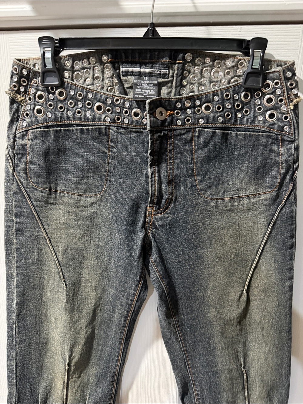 Bebe Washed Western Cowgirl Flare low rise Jeans with jewel Grommet corset Waist - Picture 2 of 9